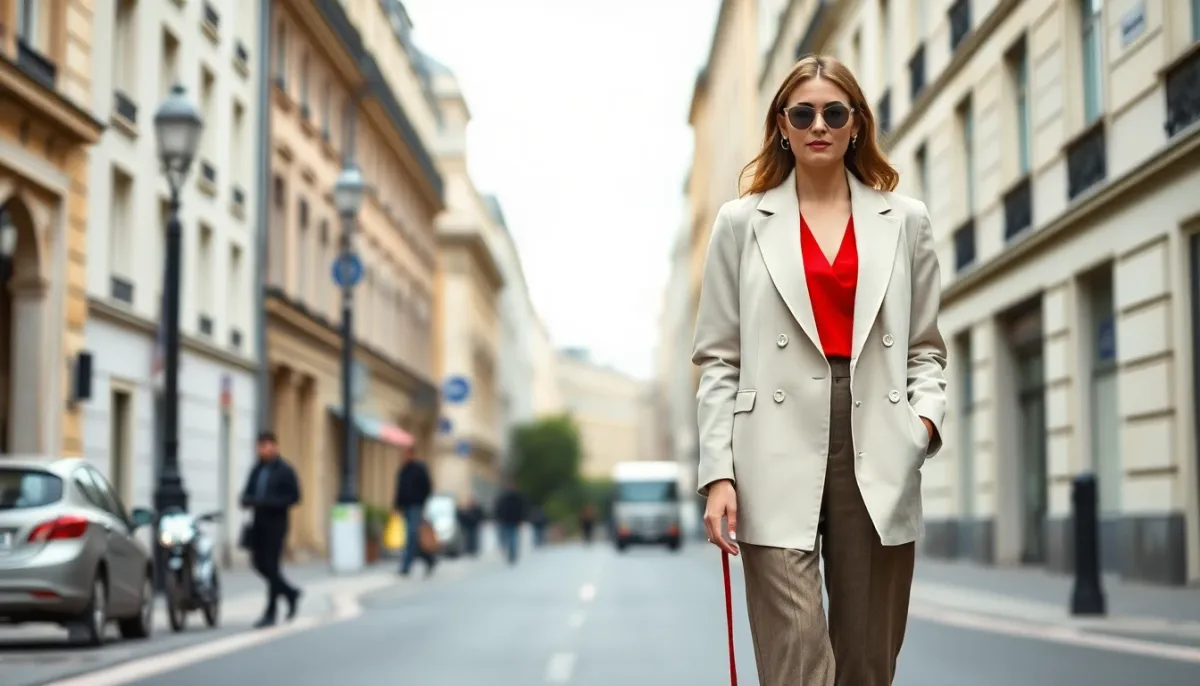 Style de rue parisien avec palette neutre et accent de couleur forte illustrant l'élégance épurée