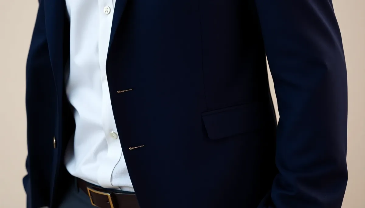 Détail d'une chemise blanche rentrée sous un blazer marine, démontrant le port formel avec ceinture