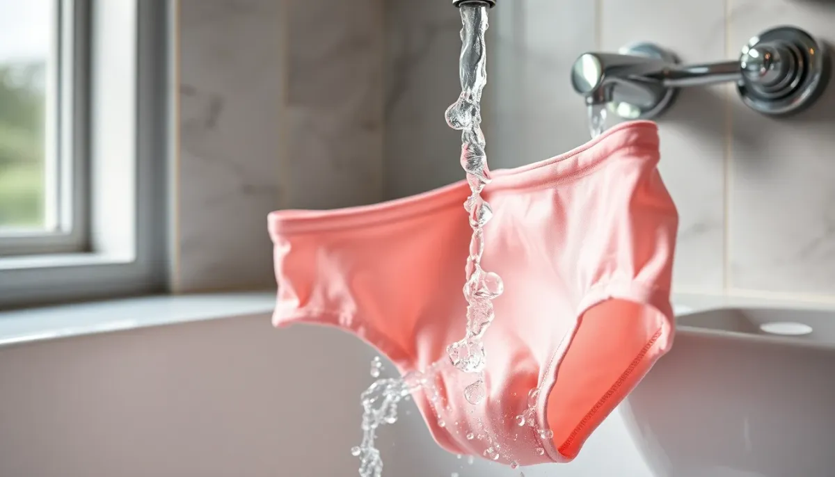 Gros plan du rinçage à l'eau froide d'une culotte menstruelle sous un robinet
