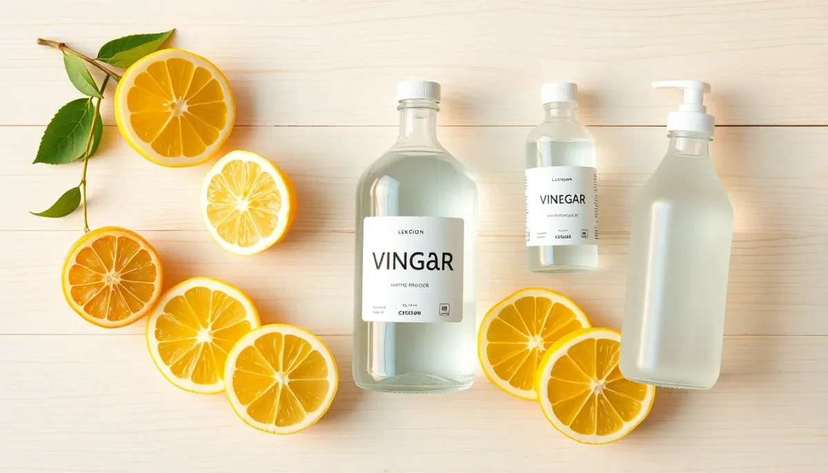 Ingrédients naturels pour nettoyer les tâches jaunes : citron frais, vinaigre blanc et eau oxygénée