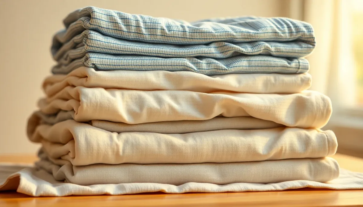 Vêtements propres et bien pliés après un lavage correct, avec une ambiance fraîche et hygiénique