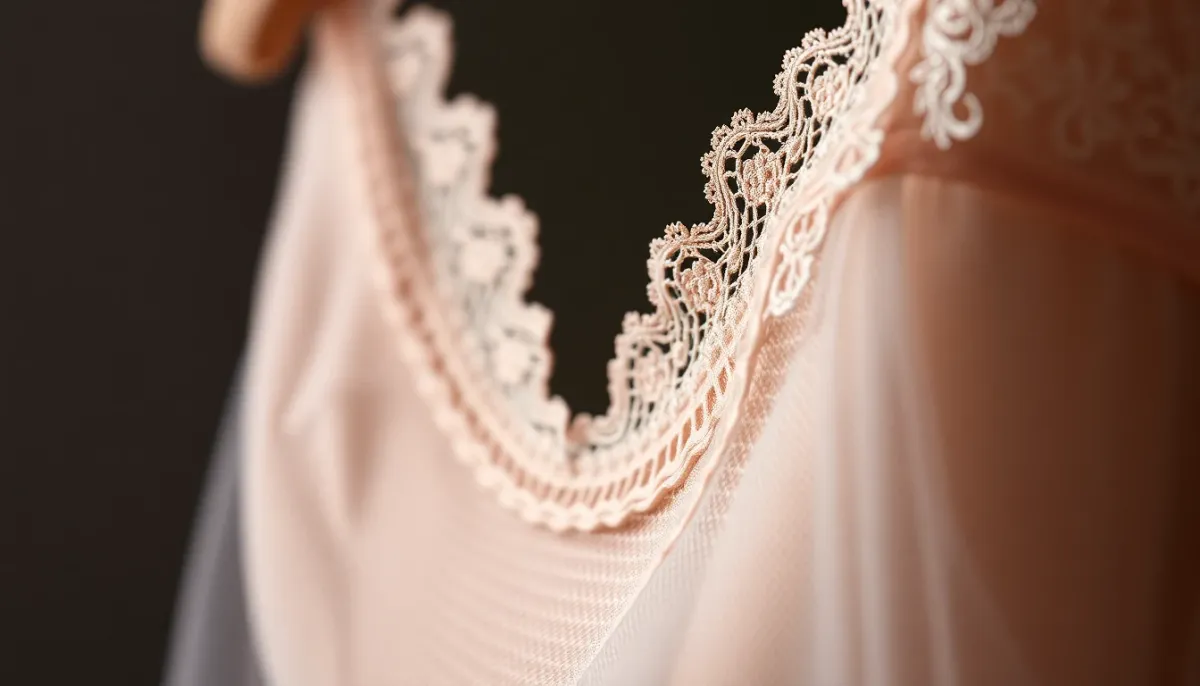 Gros plan détaillé des matériaux premium d'un soutien-gorge : tulle, dentelle et armatures, montrant la qualité de construction