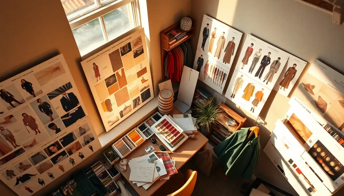 Détail d'un espace de conseil en style avec planches d'inspiration et échantillons de tissus organisés