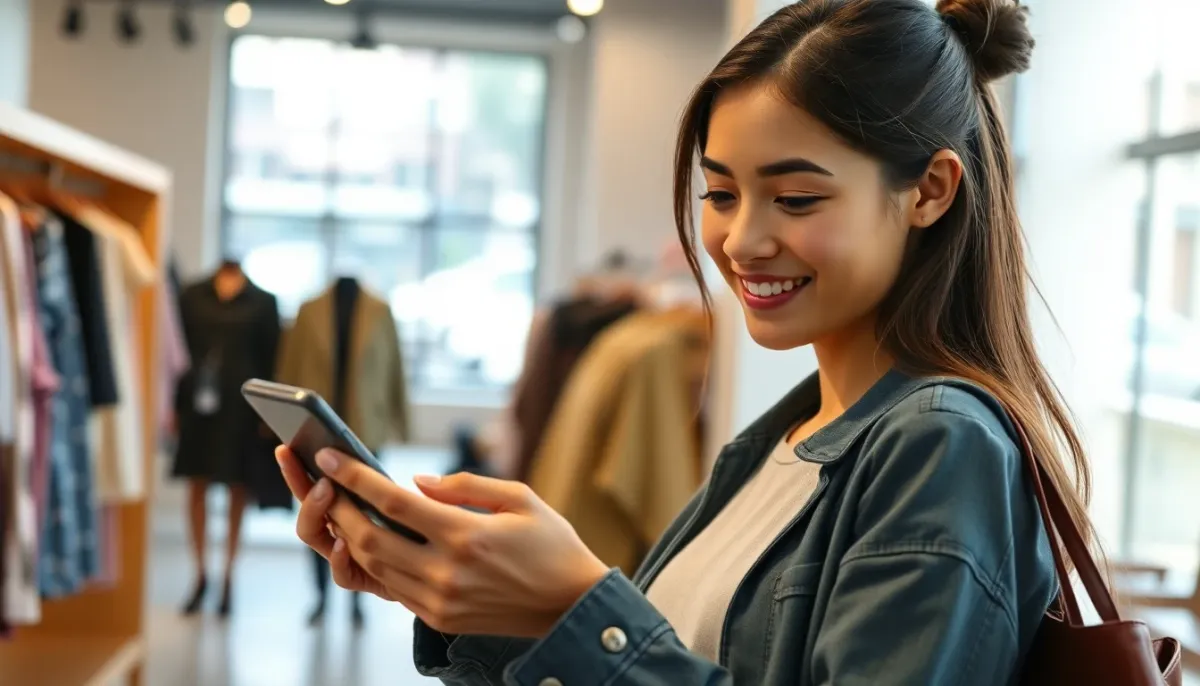 Femme consultant un guide de style sur son téléphone mobile en boutique de mode