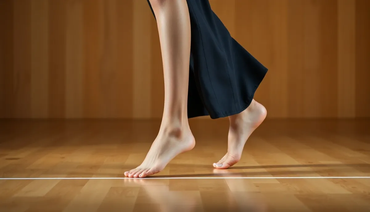 Détail des pieds et jambes d'une mannequin exécutant un catwalk fluide avec placement linéaire