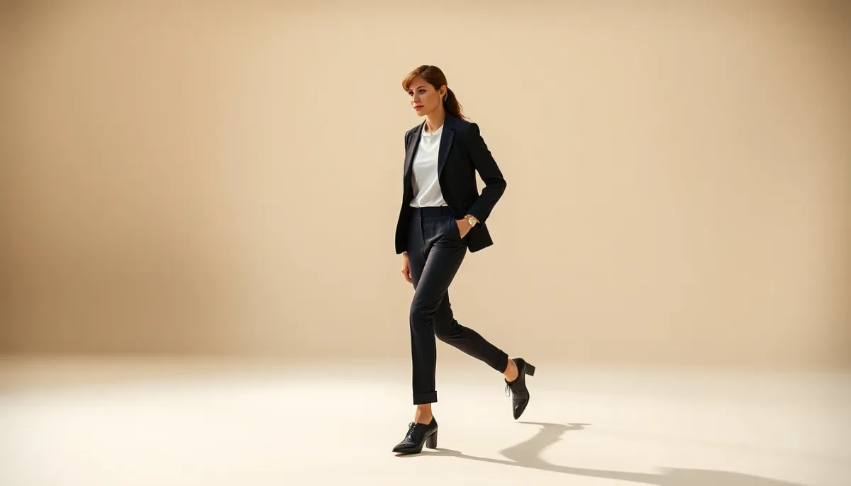 Mannequin en mouvement de marche dynamique montrant la confiance et l'énergie professionnelle