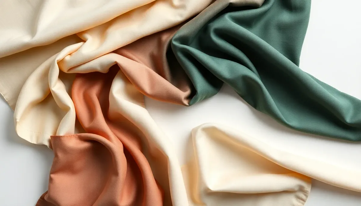 Composition de six échantillons de tissus nobles - soie, crêpe, viscose et lin - photographiés de dessus avec éclairage studio