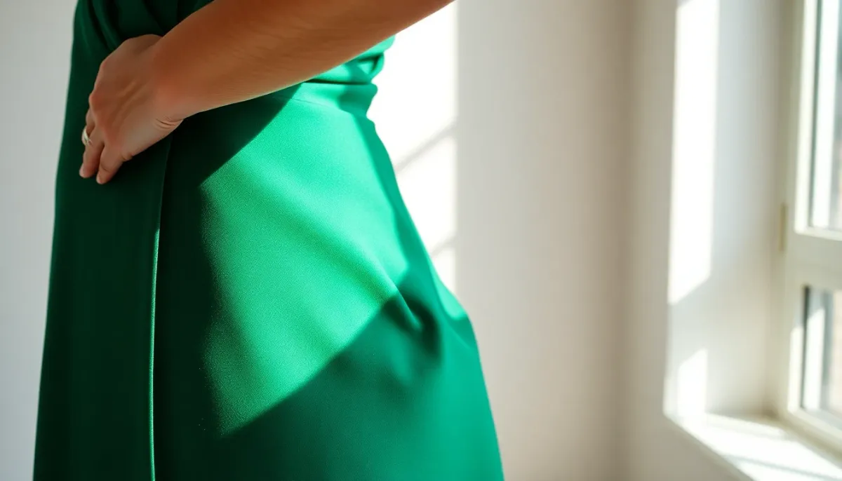 Détail d'une robe portefeuille verte émeraude mettant en valeur la ceinture et la définition de la taille