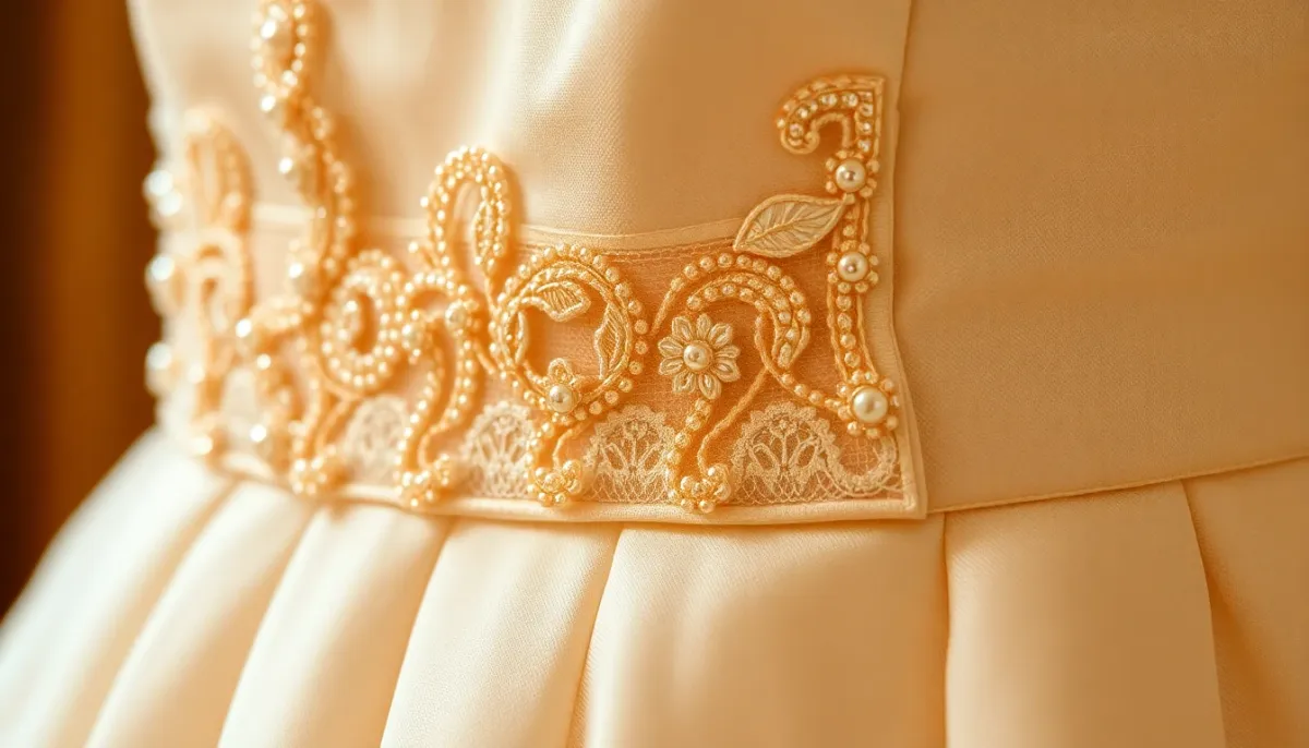Gros plan sur les détails raffinés d'une robe de cérémonie - broderies délicates, finitions soignées et coutures précises