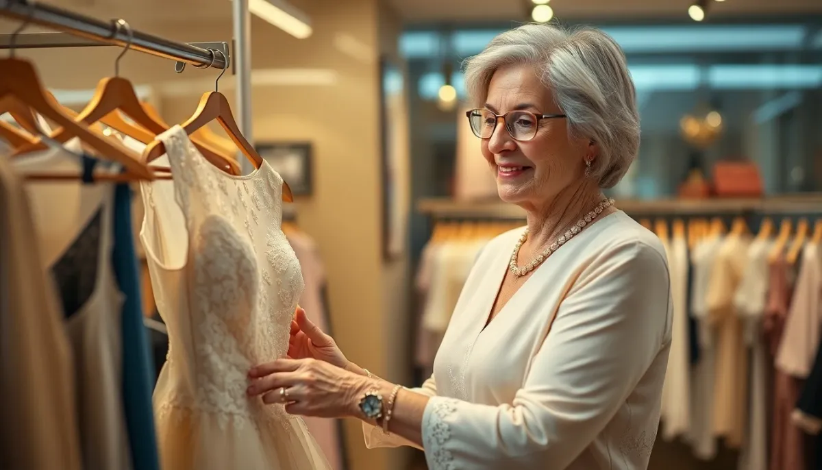 Femme consultant une robe de cérémonie en boutique, illustrant l'accessibilité et la variété des choix disponibles