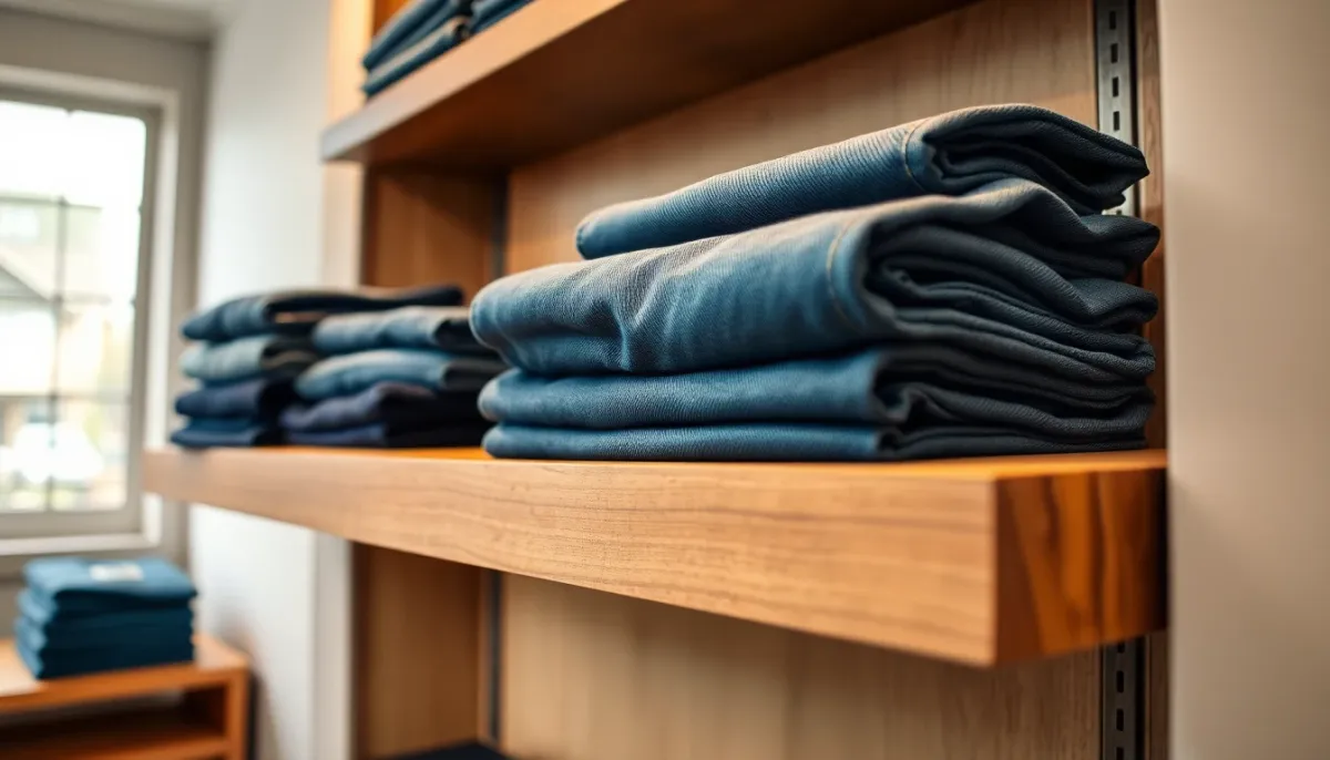 Jeans français pliés et présentés sur une étagère en bois dans une boutique spécialisée