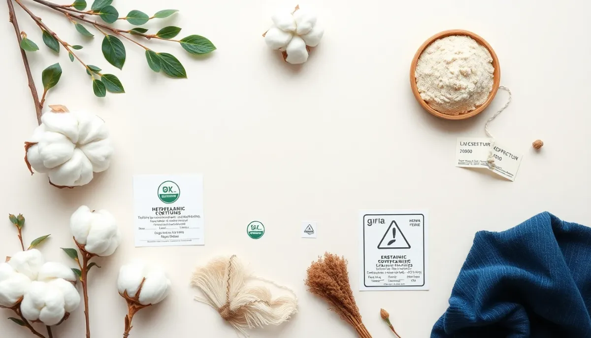 Composition montrant les matières premières écologiques et les certifications des jeans français durables