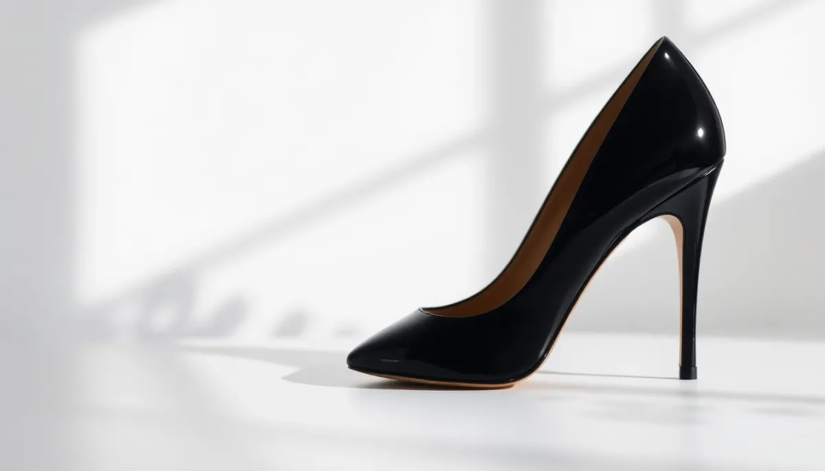 Escarpin de luxe avec talon haut photographié de trois-quarts montrant la forme pointue et l'architecture du soulier