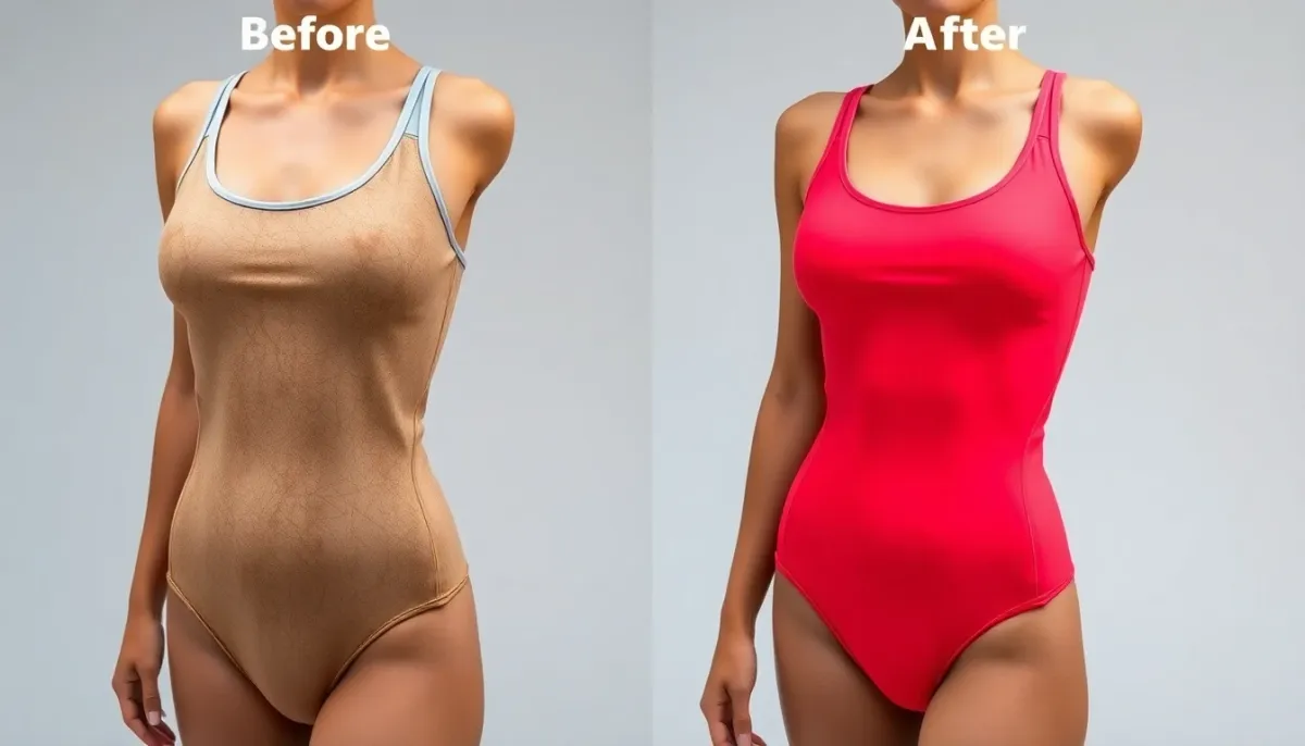 Comparaison avant-après d'un maillot aquagym montrant les dégâts du chlore sur un tissu de mauvaise qualité versus un tissu technique résistant