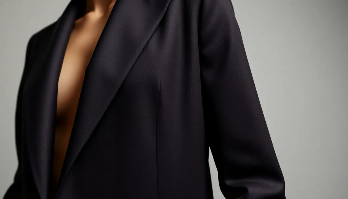 Détail d'une veste croisée ouverte montrant les lignes verticales flatteuses créées par la coupe