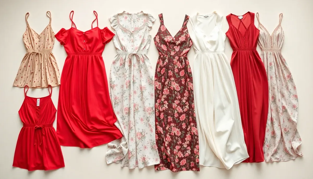 Collection de 8 robes légères d'été en différentes couleurs et styles disposées à plat