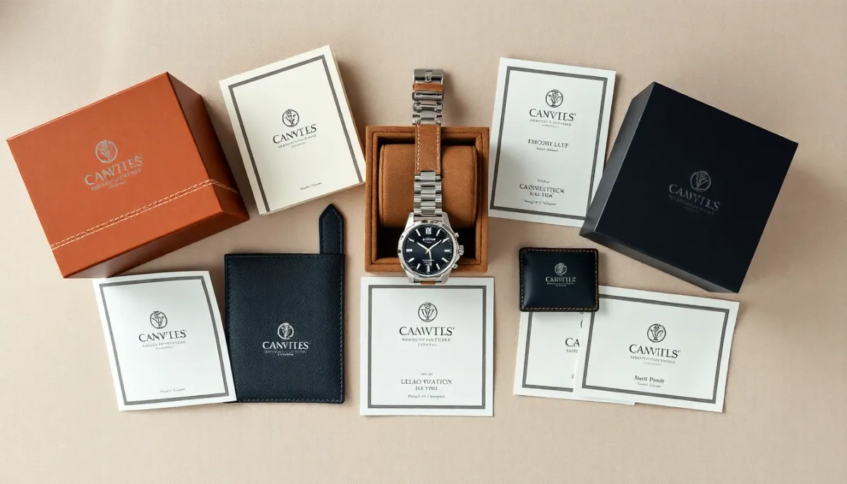 Montre de luxe avec boîte d'origine et papiers d'authenticité photographiés en vue de dessus
