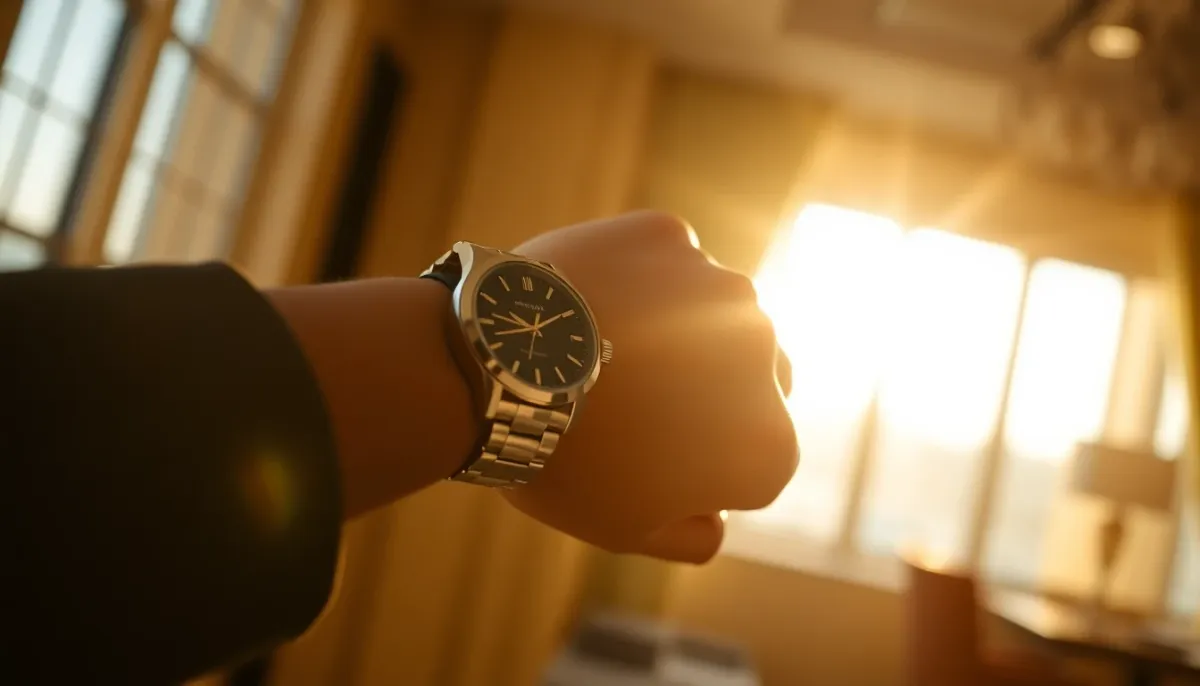 Montre de luxe portée au poignet dans une ambiance lumineuse naturelle et élégante