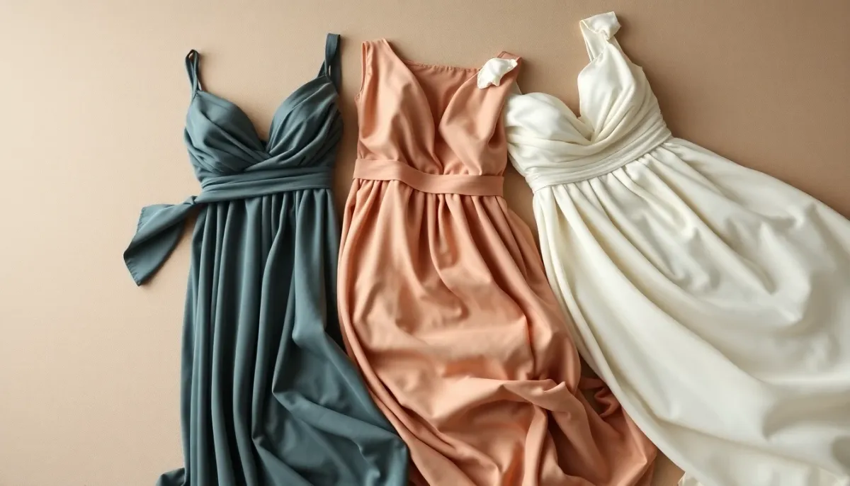 Détail de trois robes de demoiselles d'honneur de couleurs et styles différents, photographiées en gros plan avec éclairage naturel
