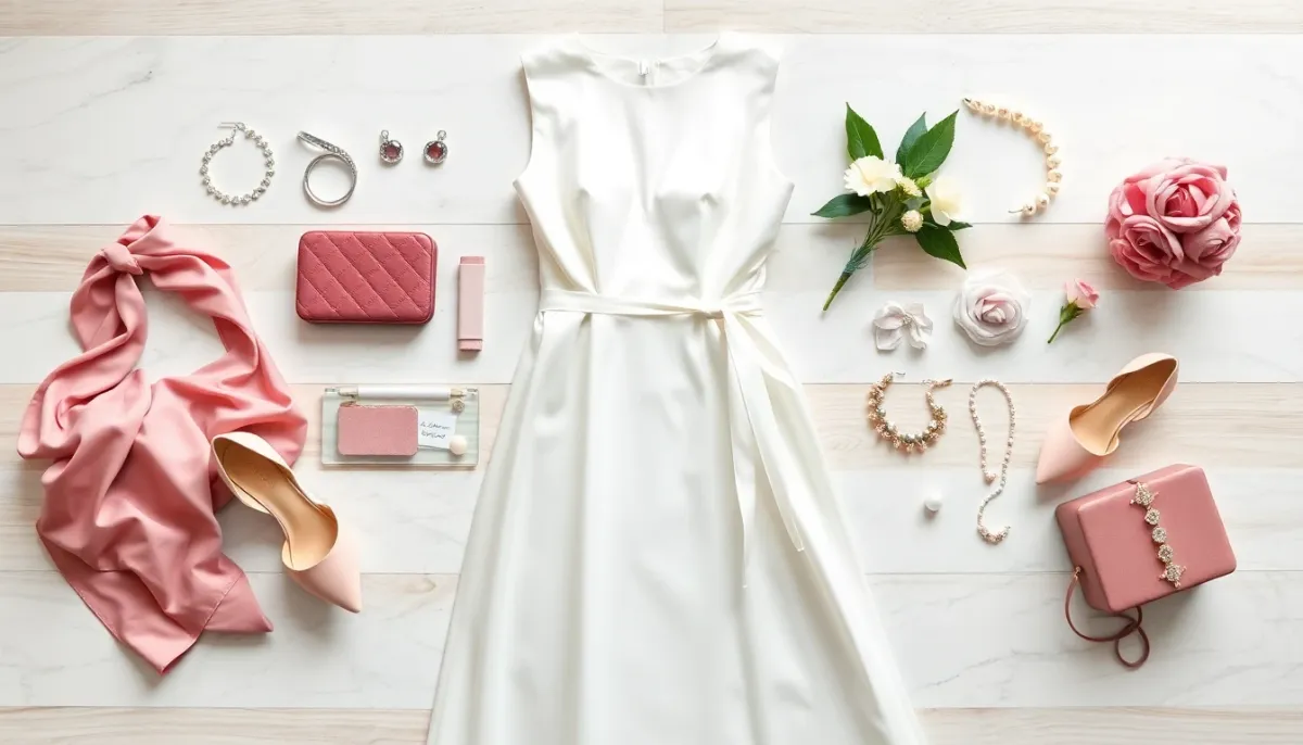 Mise en scène des éléments essentiels de la tenue de demoiselle d'honneur : robe, chaussures, bijoux et accessoires