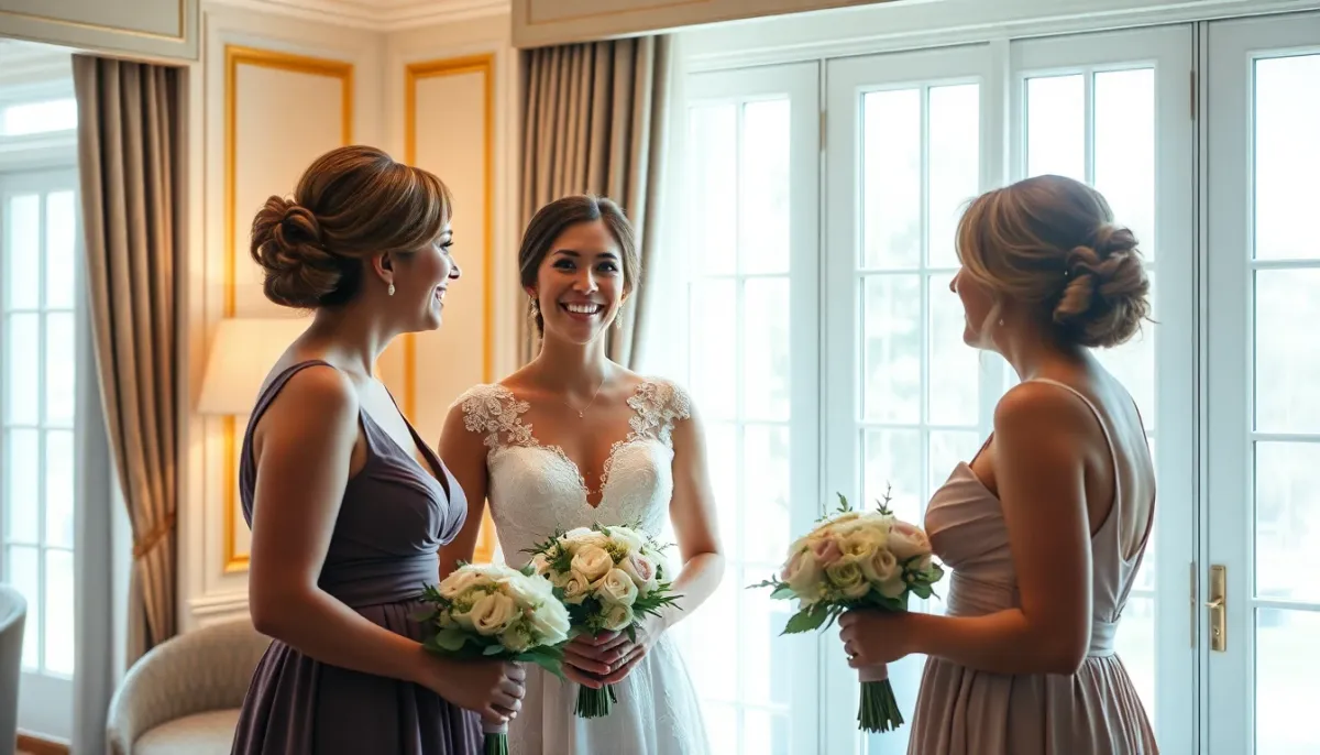 Scène authentique d'une mariée discutant avec ses demoiselles d'honneur dans une ambiance positive et bienveillante
