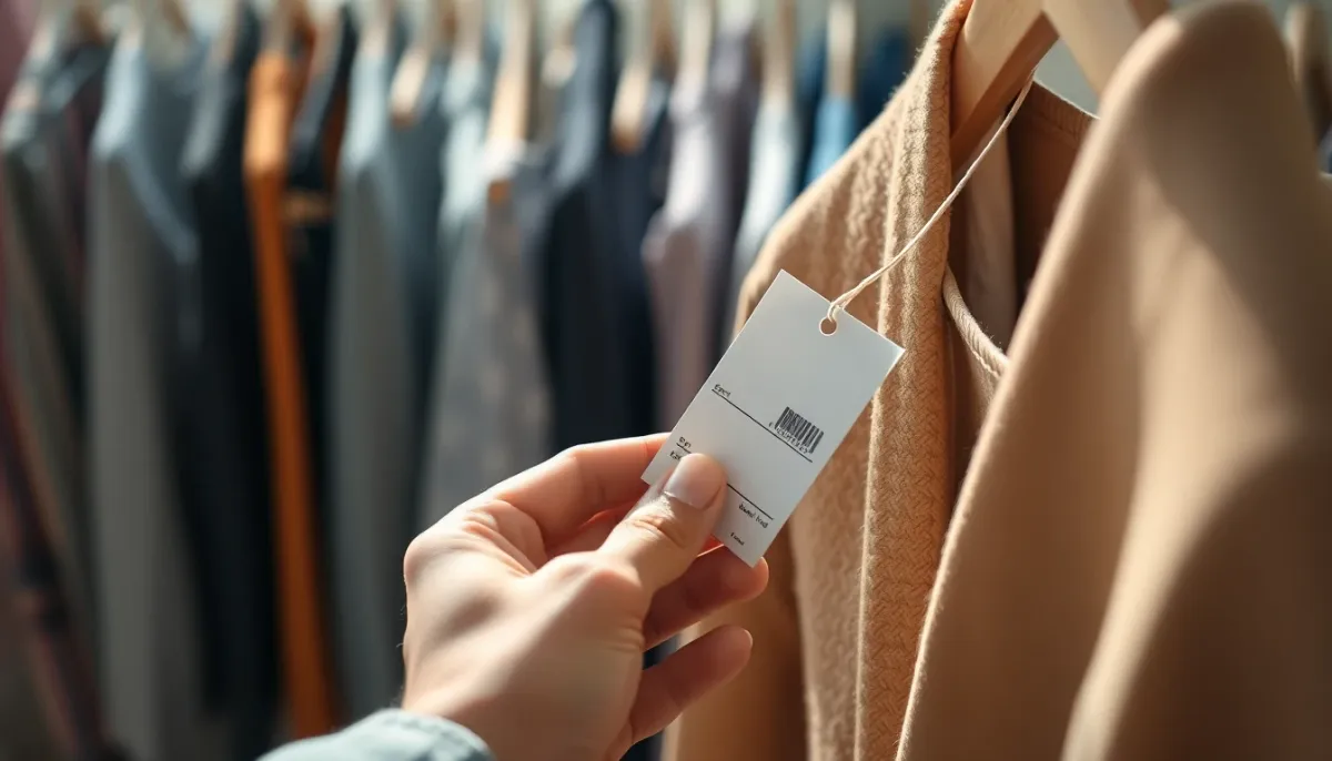 Gros plan d'une main examinant une étiquette de prix sur un vêtement lors d'une réflexion d'achat