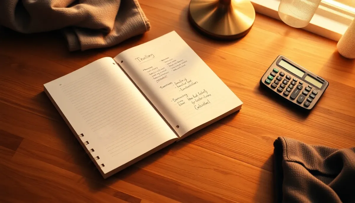 Vue de dessus d'un carnet de notes avec un calculatrice pour planifier un budget vestimentaire