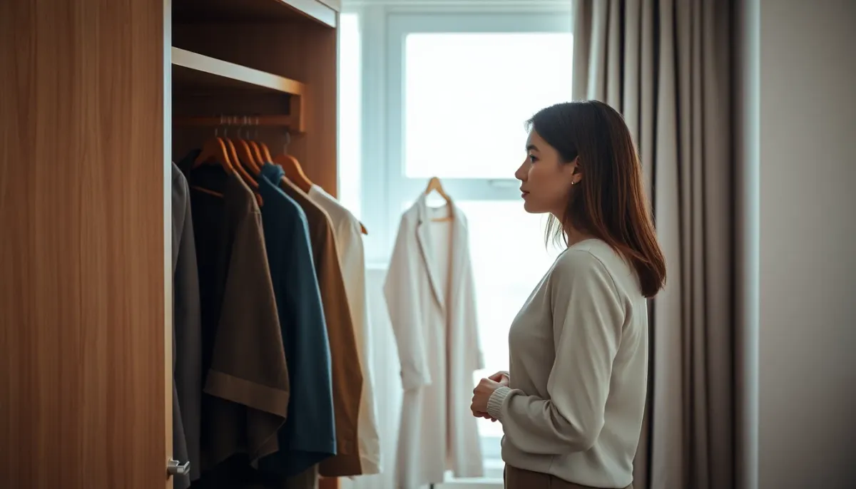 Femme sélectionnant consciemment des vêtements dans sa garde-robe lors d'une décision d'achat