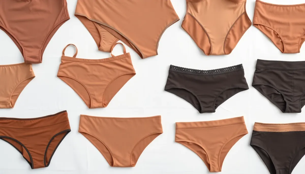 Cinq types de culottes gainantes différentes présentées à plat, vue de dessus, montrant les coupes variées