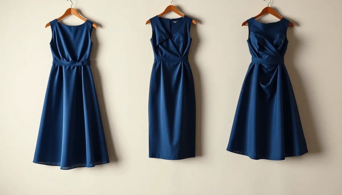 Trois robes de soirée avec des coupes différentes (A-line, sirène, taille empire) pour illustrer l'adaptation à la morphologie