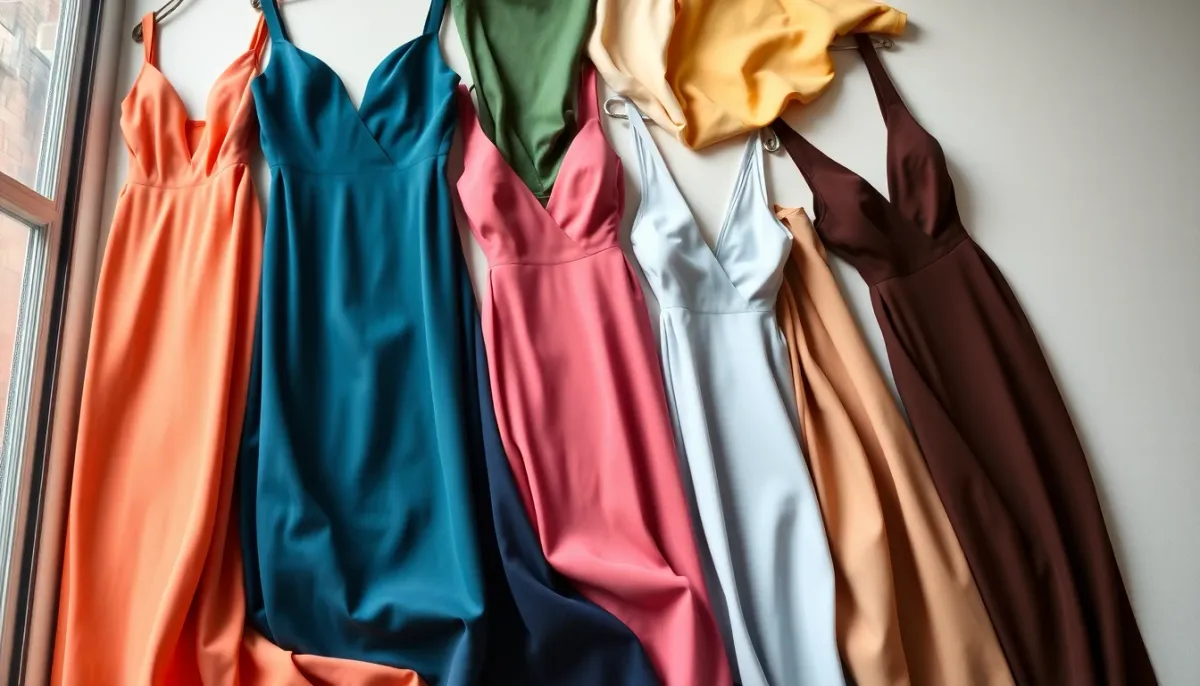 Palette de couleurs pour robes de soirée incluant teintes neutres, pastels et couleurs vives adaptées à différents teints