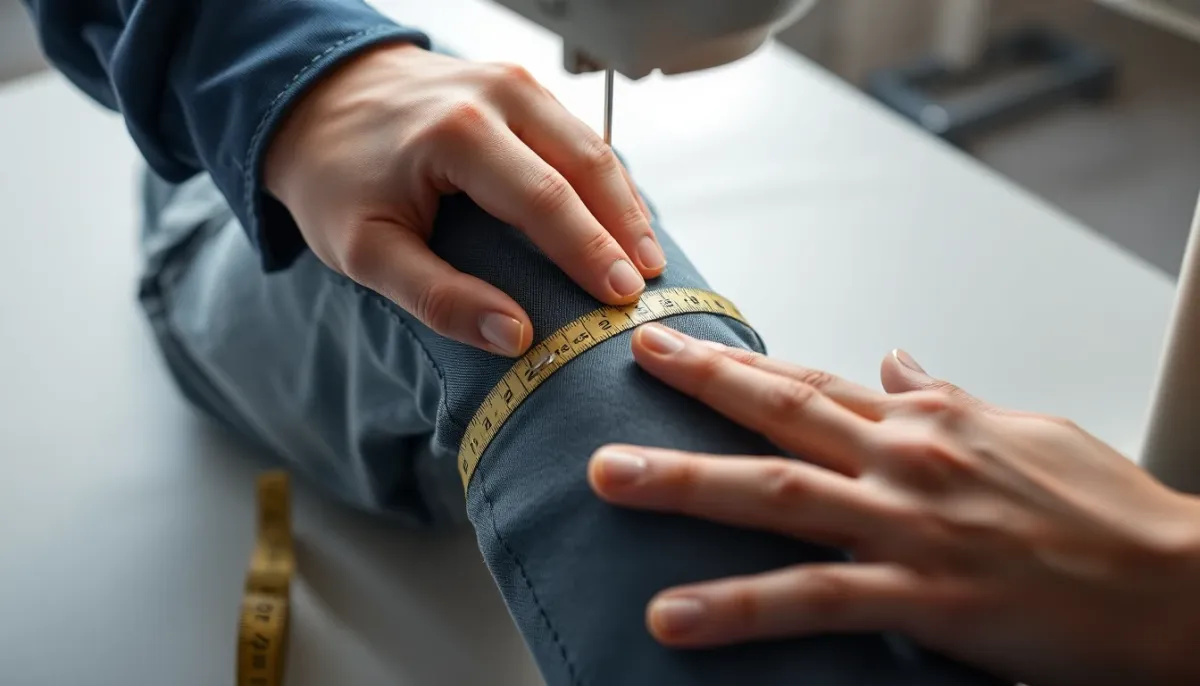 Gros plan sur une main cousant une doublure partielle sur un pantalon, montrant la technique de couture jusqu'aux genoux