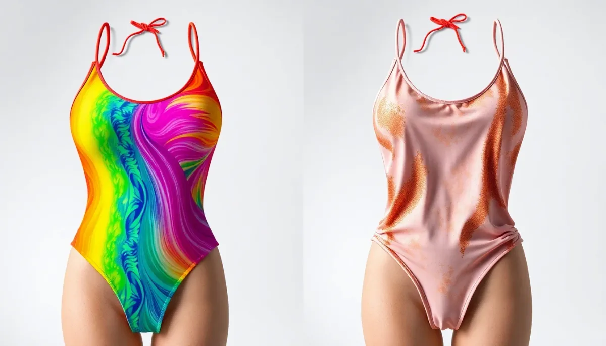 Comparaison entre un maillot de bain bien entretenu et coloré et un maillot endommagé et délavé