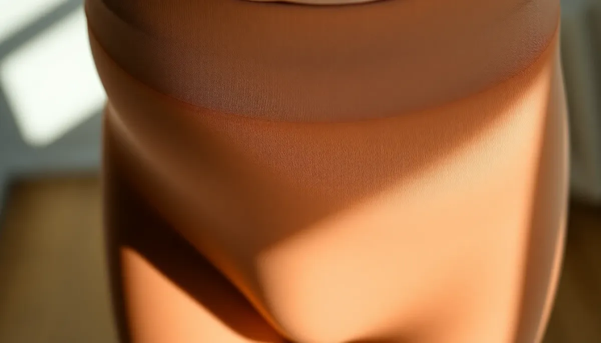 Gros plan sur les coutures de la ceinture des collants montrant une couture centrale unique et deux coutures parallèles