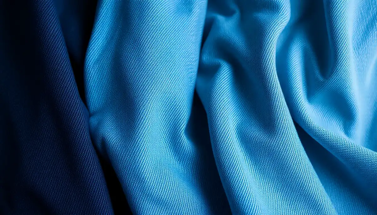 Gros plan sur cinq teintes de jean différentes, du bleu marine foncé au bleu clair, montrant l'importance du choix des couleurs pour l'élégance