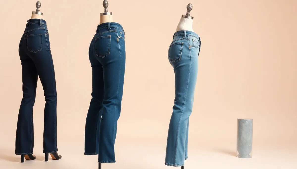 Comparaison visuelle de trois coupes de jean différentes (slim, droit, évasé) montrant comment adapter la coupe à sa morphologie