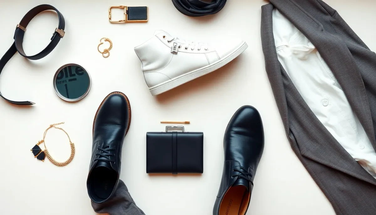 Composition de chaussures et accessoires essentiels pour bien porter un jean : ceinture noire, baskets blanches, bottines, bijoux minimalistes et blazer structuré