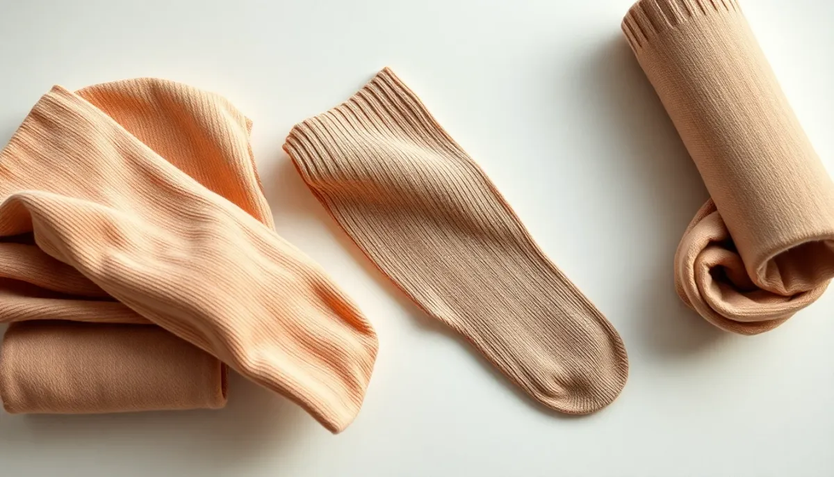 Collants pliés et enroulés montrant la qualité et la texture des différentes épaisseurs