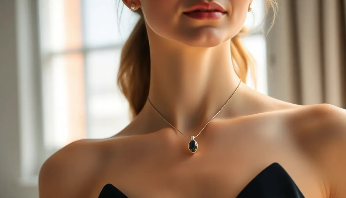 Femme portant un collier avec pendentif adapté à sa morphologie et son encolure