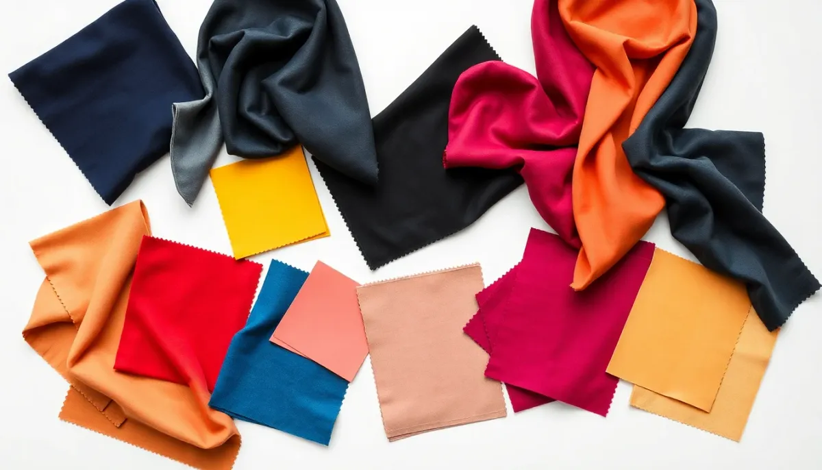 Palette de couleurs et matières comparant les teintes sobres du costume aux couleurs variées du tailleur