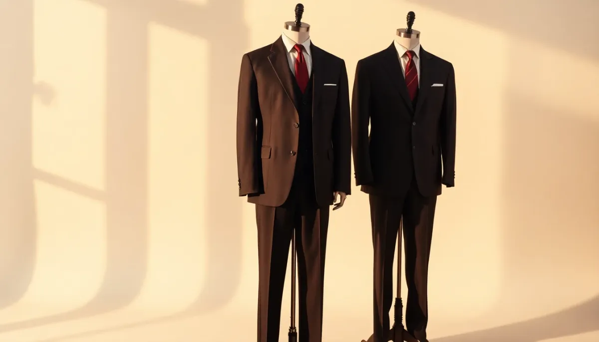 Costume complet masculin sur mannequin montrant la silhouette standardisée et les lignes droites caractéristiques
