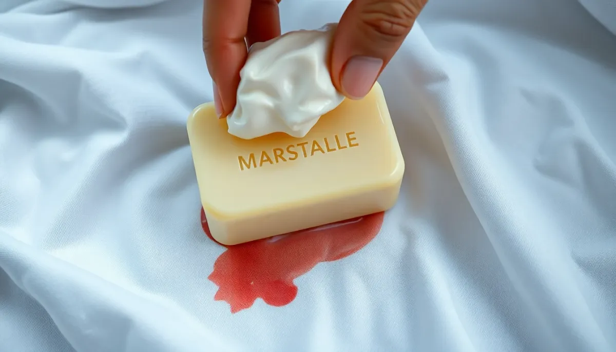 Savon de Marseille appliqué sur une tache fraîche de t-shirt blanc