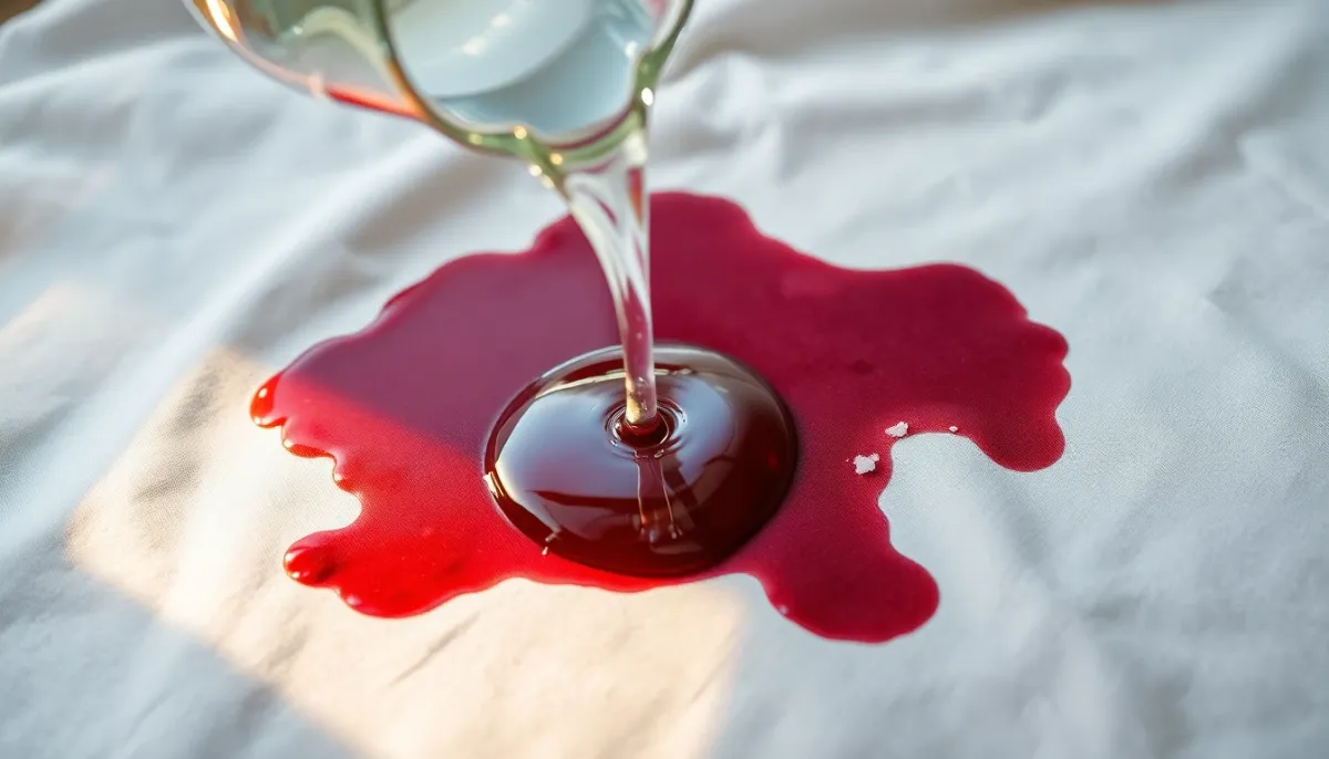 Vinaigre blanc versé sur une tache de vin rouge avec du sel fin
