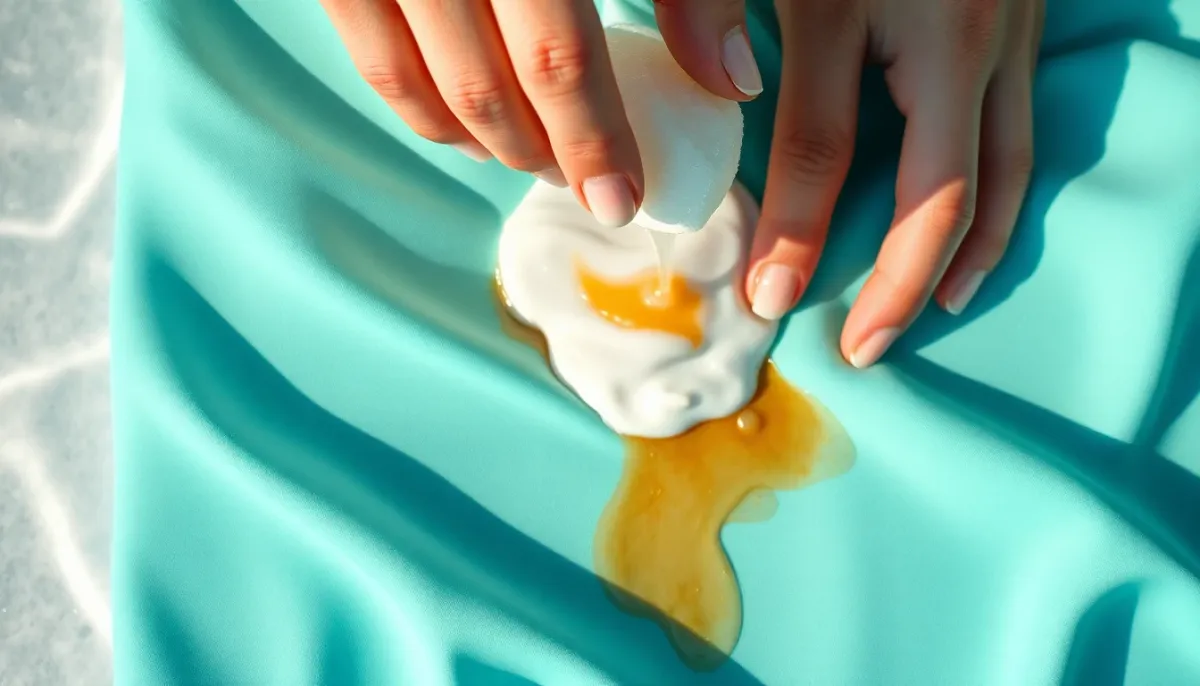 Application du liquide vaisselle sur une tache de crème solaire sur maillot