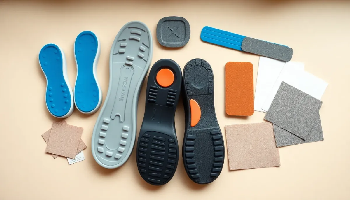 Vue de dessus des différentes solutions contre le glissement au talon : talonnettes gel, patins antidérapants, semelles adhésives et papier de verre