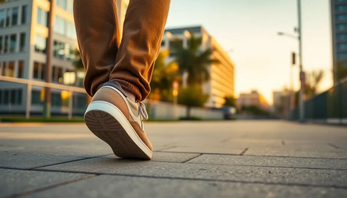 Personne marchant confortablement dans des chaussures bien ajustées, éclairage naturel en extérieur