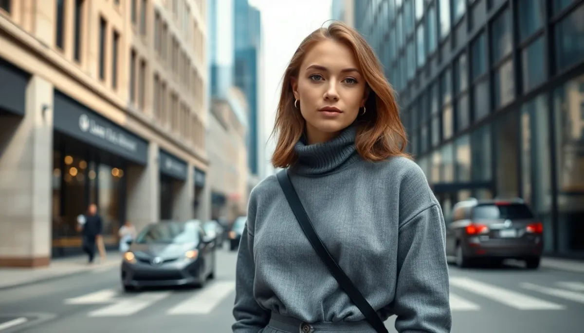 Femme portant une tenue grise stylisée dans un contexte urbain réaliste