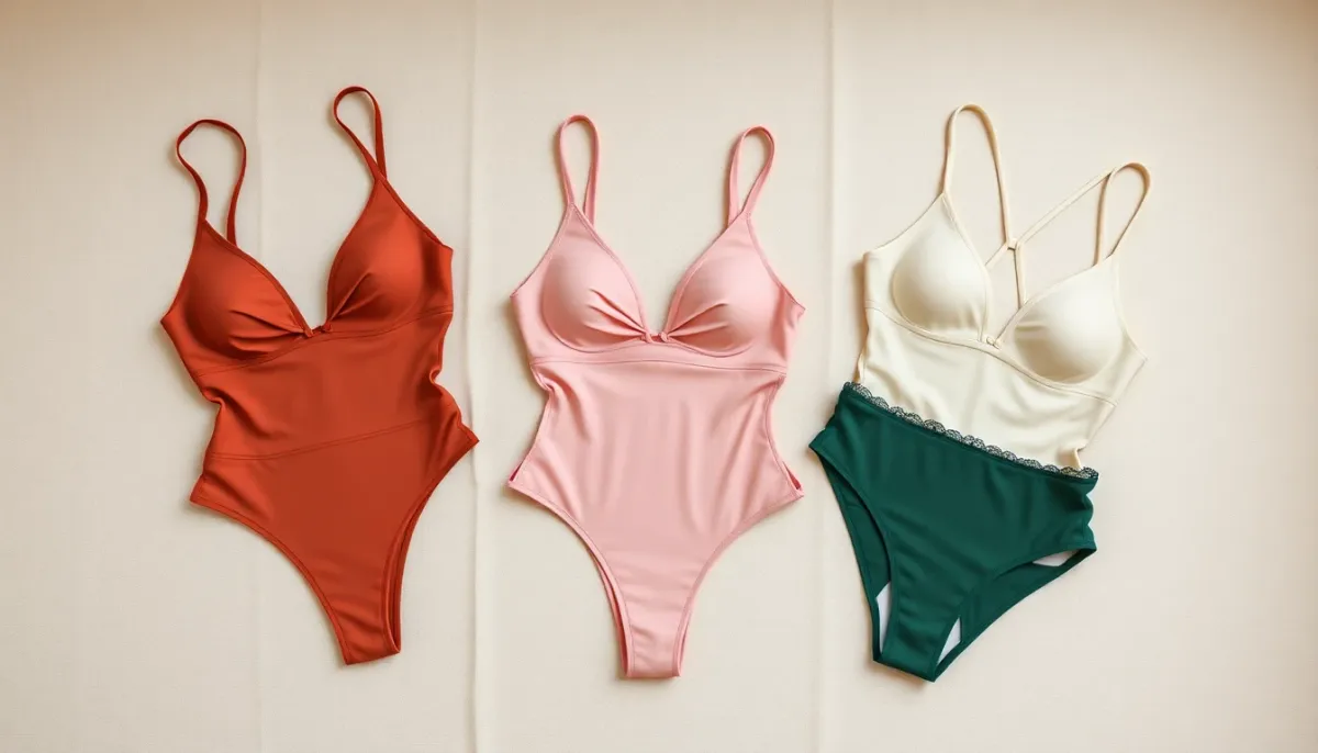 Trois maillots de bain menstruels de marques différentes présentés à plat, montrant les variations de style et de design
