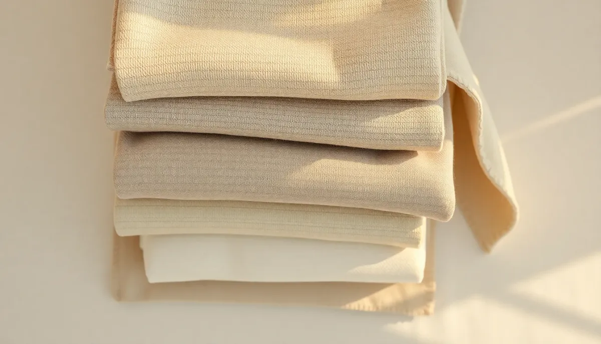 Détail de pièces de vêtements minimalistes empilées aux textures naturelles