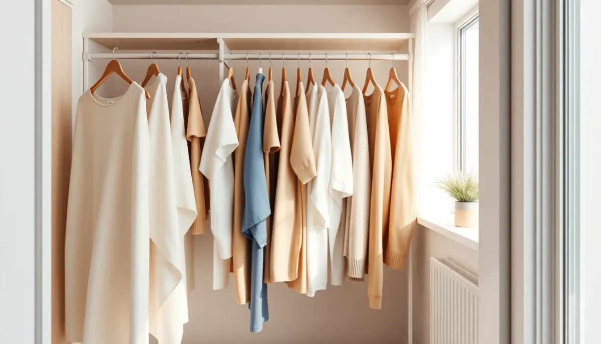 Intérieur d'une garde-robe minimaliste bien organisée aux tons neutres